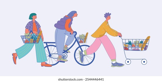 Flat Vector Illustration Characters with grocery baskets, bike basket, and shopping cart filled with Groceries isolated. Three Characters in casual clothing walking with fresh produce.