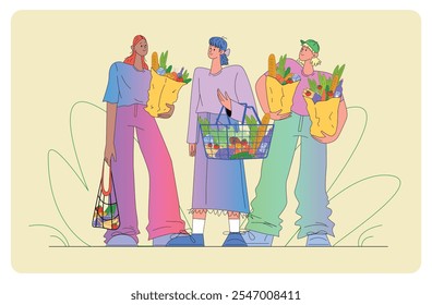 Ilustração vetor plana de personagens com sacos de supermercado em estilo casual