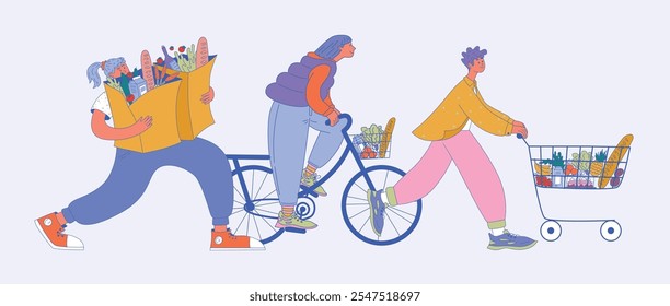 Flat Vector Illustration Characters with grocery bags, bicycle basket, and shopping cart filled with Groceries isolated. Three Characters walking with fresh produce in a casual, colorful scene.