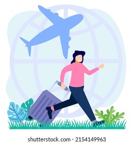 Flat vector illustration. The characters are ready for the holidays. Book a round trip ticket. Can be used for web banners, infographics, hero images.