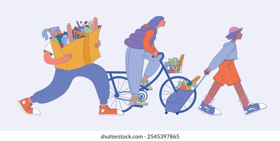 Flat Vector Illustration Characters with various grocery bags and carts walking isolated. Three Female Characters with different clothes and Groceries in a dynamic shopping scene.