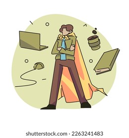 A flat vector illustration of a character's workstation, overflowing with laptops, mice, coffee cups, and piles of documents. 