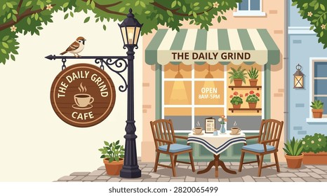 Flat vector illustration of a charming coffee shop with inviting sidewalk seating.