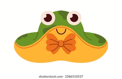 Flat vector illustration of a charming frog-inspired bucket hat with big round eyes and a cute bow tie, designed for playful children's fashion.