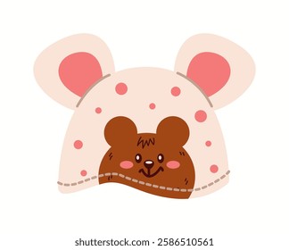 Flat vector illustration of a charming mouse-themed bucket hat featuring polka dot details, round ears, and a friendly bear print.