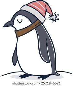 Flat vector illustration of a charming penguin wearing a striped winter hat and scarf. Perfect for winter-themed designs, holiday decorations, or children's projects.