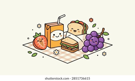 A flat vector illustration of a charming picnic spread featuring a juice box with a straw, a strawberry, two sandwiches, and a cluster of purple grapes, all with adorable blushing faces. The food sits on a light brown checkered picnic mat decorated with tiny white and orange flowers and green leaves on a plain off-white background.