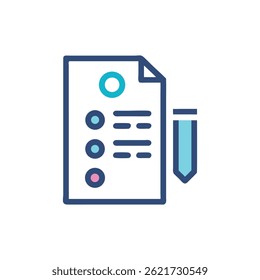 A flat vector illustration of a checklist with a pen in modern style, isolated on White Background.