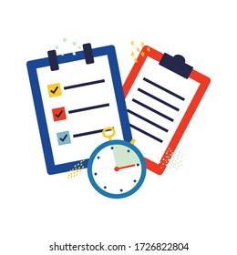 Flat vector illustration of a checklist and stopwatch to make a plan, procrastination and efficiency, project management, quick questionnaire, short survey.