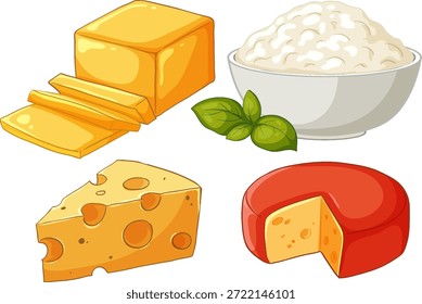 Ilustração vetorial plana de cheddar, suíço, queijo cottage e gouda em um fundo branco
