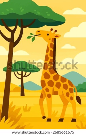 A flat vector illustration of a cheerful giraffe eating leaves from a tall tree in a savanna