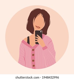 Flat vector illustration of a cheerful modern fashionable girl. Beautiful independent woman dressed in stylish clothes is taking a selfie. Portrait of a brunette with a short haircut in a cardigan.
