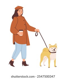 Flat vector illustration of a cheerful woman walking her playful Shiba Inu outdoors. 