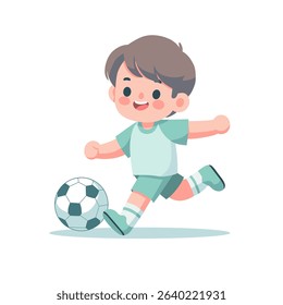 A flat vector illustration of a cheerful young boy playing soccer