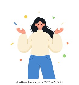Una Ilustración vectorial plana de una mujer joven alegre con el pelo negro largo que se coloca con las palmas abiertas. El personaje lleva un suéter crema y pantalones azules, rodeado de coloridos Elementos de confeti geométricos flotantes. Diseño limpio aislado sobre un fondo blanco, perfecto para encogerse de hombros, dar la bienvenida o presentar conceptos.