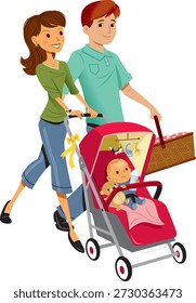 Eine flache Vektorgrafik einer fröhlichen jungen Familie, die einen Spaziergang im Freien genießt. Die Eltern schieben einen roten Kinderwagen mit einem Baby, halten Hände mit einem anderen Kind und tragen einen Picknickkorb, der Familienbindung, Elternschaft und Outdoor-Aktivitäten darstellt.