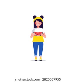 A flat vector illustration of a cheerful young girl with dark hair and a yellow headband holding a fresh slice of watermelon. She is wearing a casual white and yellow t-shirt with blue pants and yellow sneakers, standing against a clean white background.
