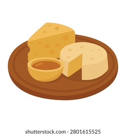 Flat vector illustration of cheese platter with honey bowl, isolated on white background.