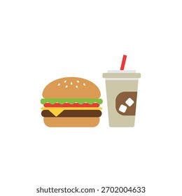 Ilustração vetor plana de um cheeseburger e uma bebida de refrigerante, simbolizando fast food, combo refeição, menu de restaurante e refeições casuais.
