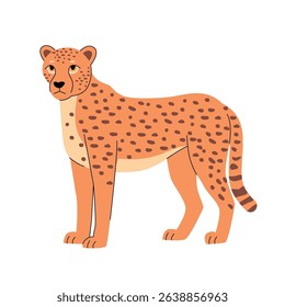 Flat vector illustration of a cheetah with an orange coat, dark spots, and a striped tail. Clean and stylized design, ideal for wildlife, safari, or educational materials. Vector illustration