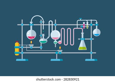 Ilustración vectorial plana de objetos de equipo químico de laboratorio con una serie de frascos y vasos de varias formas.