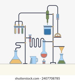 Vector plano Ilustración de instrumentos coloreados de laboratorio químico, equipo para experimentos