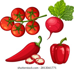 Flat vector illustration of cherry tomatoes, radish, bell pepper, and chili on white background