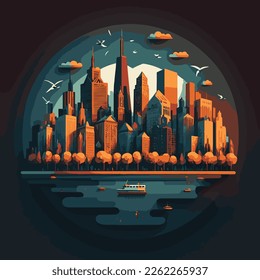 Flat vector illustration of chicago cityscape with buildings in the background. 