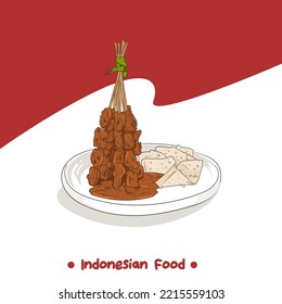 Flat Vector Illustration. Chicken Satay with Rice Cake and Peanut Sauce Indonesian Food. Social media post with Indonesian flag.