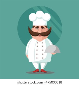 Flat vector illustration of chief-cooker with a mustache in a white dress with a dish