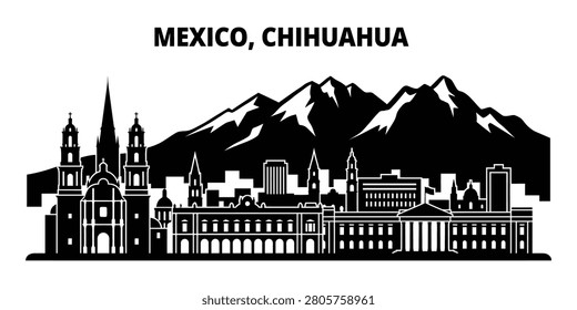 Flat vector illustration of the Chihuahua, Mexico city skyline featuring prominent architectural landmarks and a backdrop of mountains. This black and white silhouette design captures the urban landsc
