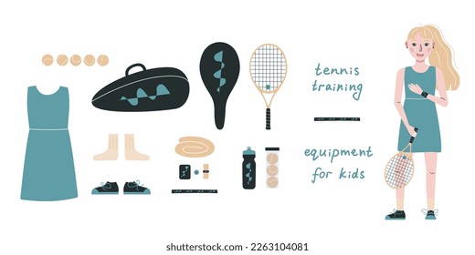 Flat vector illustration in childish style. Hand drawn tennis player, gear and equipment. Clipart isolated on white background