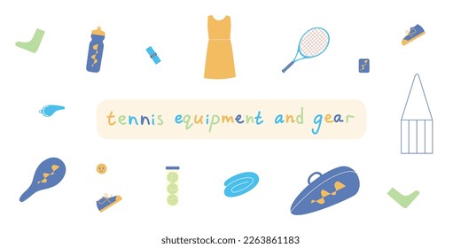Flat vector illustration in childish style. Hand drawn tennis gear and equipment, racket, balls. Clipart isolated on white background