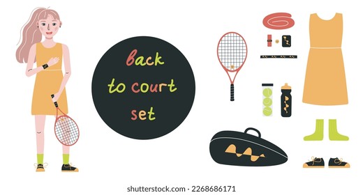 Flat vector illustration in childish style. Hand drawn tennis player, gear and equipment. Clipart isolated on white background