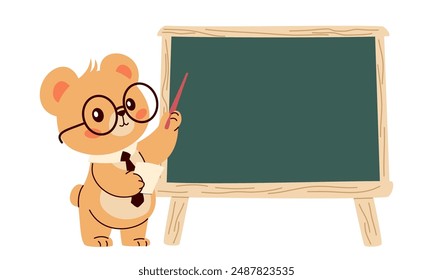 Flat vector illustration in childish style on the theme of education. Cute bear in glasses and with a pointer points to the school blackboard, a place for your text 