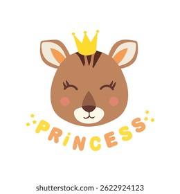 Flat vector illustration in a childish style. Cute deer with a crown and with the inscription Princess, white background.