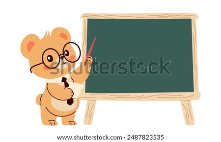 Flat vector illustration in childish style on the theme of education. Cute bear in glasses and with a pointer points to the school blackboard, a place for your text 