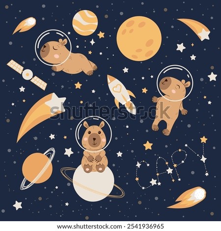 Flat vector illustration in childish style on dark background. Cute capybara in space. Night and stars