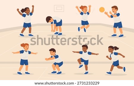 Flat vector illustration of children participating in physical education activities in a school gym. Kids jumping, running, stretching, exercising and playing with a ball during a PE class. Concept of school sports, physical education, healthy childhood and active learning.
