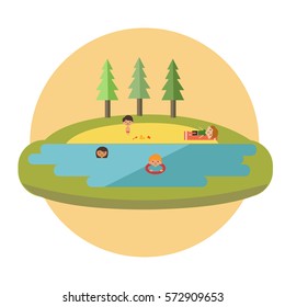 Flat vector illustration - children swim and play on the summer lake