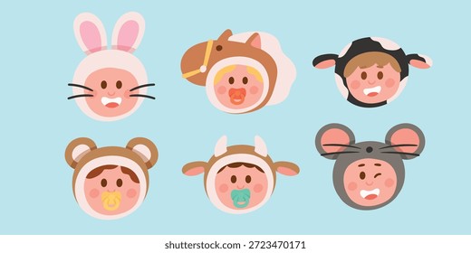 Una Ilustración vectorial plana de niños con disfraces de conejo, ratón, caballo y vaca. Diseñado en un estilo limpio y moderno para su uso en materiales educativos, tarjetas de felicitación y decoración de la guardería.