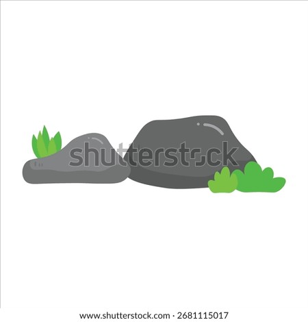 A flat vector illustration for children's books, depicting a rock with grass and moss, perfect for nature and storybook art designs.