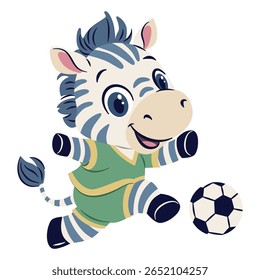 Flat vector illustration in children's cartoon style. Cute zebra in soccer uniform playing soccer on white background