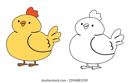 Flat vector illustration for children's coloring book. Cute chicken in black and white and color version. Farm pets 