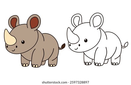 Flat vector illustration for children's coloring book. Cute rhino in black and white and color version. Wild animals of safari and Africa 