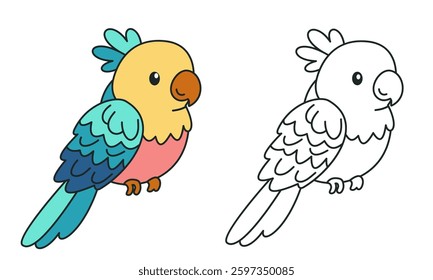 Flat vector illustration for children's coloring book. Cute parrot in black and white and color version. Wild animals of safari and Africa 