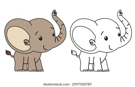 Flat vector illustration for children's coloring book. Cute elephant in black and white and color version. Wild animals of safari and Africa 