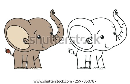 Flat vector illustration for children's coloring book. Cute elephant in black and white and color version. Wild animals of safari and Africa 