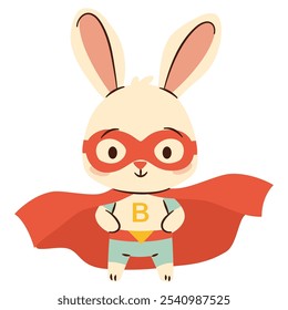 Flat vector illustration in children's simple style. Cute bunny in superhero costume. White background 