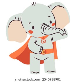 Flat vector illustration in children's simple style. Cute elephant in superhero costume. White background 